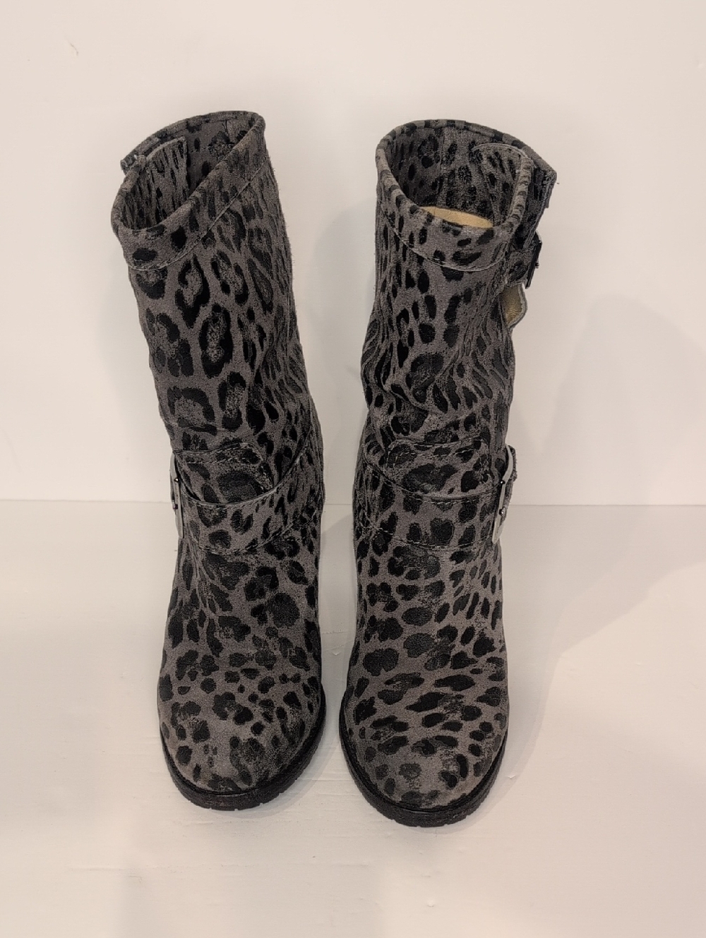 Jimmy Choo Gray Leopard-Print Mid-Calf Heeled Boots Size 36.5 - Picture 3 of 15